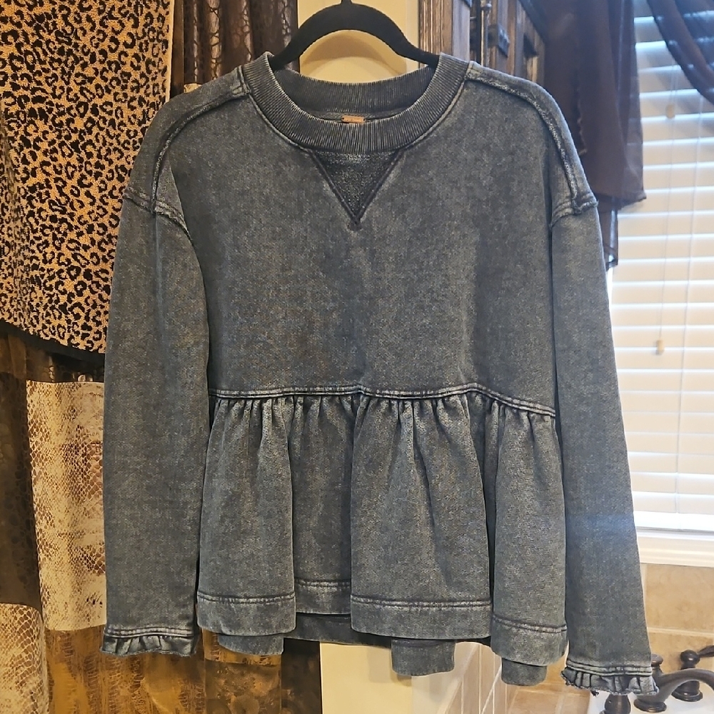 Free People Washed Denim Peplum Tunic